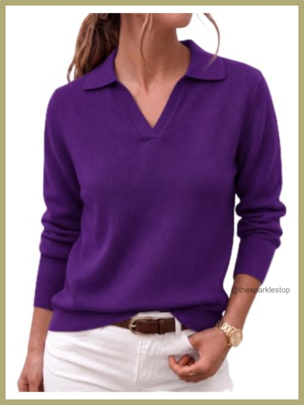Womens Long Sleeve Polo V Neck Knitted Sweater Business Casual Pullover